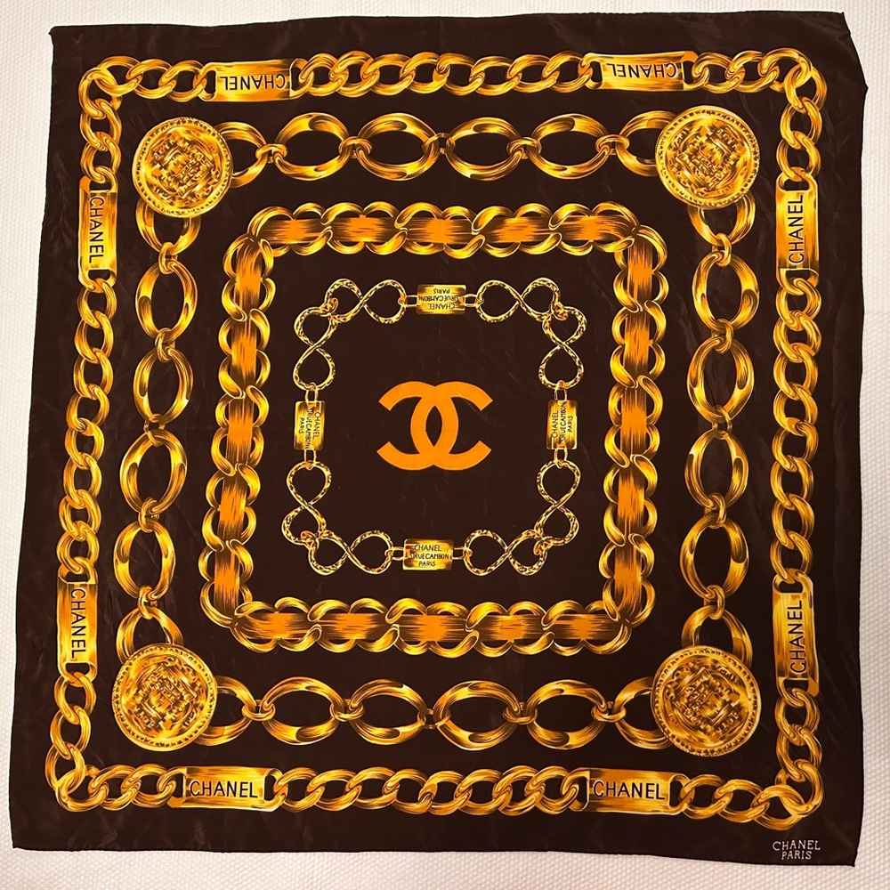 CHANEL Brown and Gold Chain Motif Scarf